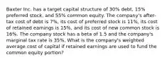 Baxter Inc. has a target capital structure of 30% debt, 15% preferred stock, and 55% common equity. The company's after-tax cost of debt is 7%, its cost of preferred stock is 11%, its cost of retained earnings is 15%, and its cost of new common stock is 16%. The company stock has a beta of 1.5 and the company's marginal tax rate is 35%. What is the company's weighted average cost of capital if retained earnings are used to fund the common equity portion?