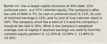 Baxter Inc. has a target capital structure of 30% debt, 15% preferred stock, and 55% common equity. The company's after-tax cost of debt is 7%, its cost of preferred stock is 11%, its cost of retained earnings is 15%, and its cost of new common stock is 16%. The company stock has a beta of 1.5 and the company's marginal tax rate is 35%. What is the company's weighted average cost of capital if retained earnings are used to fund the common equity portion? A. 11.20% B. 12.00% C. 13.80% D. 14.45%