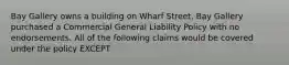 Bay Gallery owns a building on Wharf Street. Bay Gallery purchased a Commercial General Liability Policy with no endorsements. All of the following claims would be covered under the policy EXCEPT