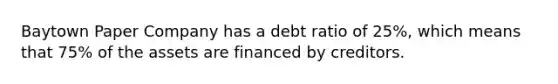 Baytown Paper Company has a debt ratio of​ 25%, which means that​ 75% of the assets are financed by creditors.