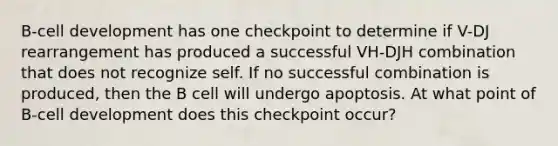 B-cell development has one checkpoint to determine if V-DJ rearrangement has produced a successful VH-DJH combination that does not recognize self. If no successful combination is produced, then the B cell will undergo apoptosis. At what point of B-cell development does this checkpoint occur?