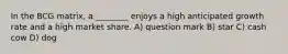 In the BCG matrix, a ________ enjoys a high anticipated growth rate and a high market share. A) question mark B) star C) cash cow D) dog