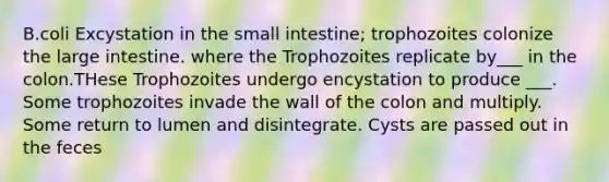 B.coli Excystation in the small intestine; trophozoites colonize the large intestine. where the Trophozoites replicate by___ in the colon.THese Trophozoites undergo encystation to produce ___. Some trophozoites invade the wall of the colon and multiply. Some return to lumen and disintegrate. Cysts are passed out in the feces