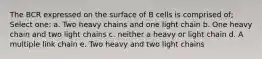 The BCR expressed on the surface of B cells is comprised of; Select one: a. Two heavy chains and one light chain b. One heavy chain and two light chains c. neither a heavy or light chain d. A multiple link chain e. Two heavy and two light chains