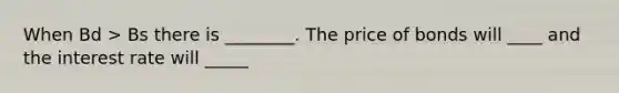 When Bd > Bs there is ________. The price of bonds will ____ and the interest rate will _____