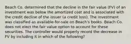 Beach Co. determined that the decline in the fair value (FV) of an investment was below the amortized cost and is associated with the credit decline of the issuer (a credit loss). The investment was classified as available-for-sale on Beach's books. Beach Co. does not elect the fair value option to account for these securities. The controller would properly record the decrease in FV by including it in which of the following?