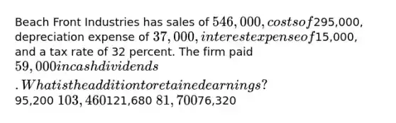 Beach Front Industries has sales of 546,000, costs of295,000, depreciation expense of 37,000, interest expense of15,000, and a tax rate of 32 percent. The firm paid 59,000 in cash dividends. What is the addition to retained earnings?95,200 103,460121,680 81,70076,320