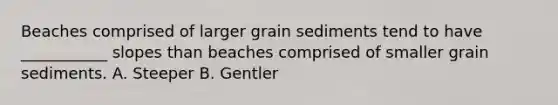 Beaches comprised of larger grain sediments tend to have ___________ slopes than beaches comprised of smaller grain sediments. A. Steeper B. Gentler