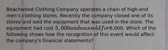 Beachwood Clothing Company operates a chain of high-end men's clothing stores. Recently the company closed one of its stores and sold the equipment that was used in the store. The equipment had cost 5,000 and was sold for6,000. Which of the following shows how the recognition of this event would affect the company's financial statements?