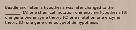 Beadle and Tatum's hypothesis was later changed to the ________. (A) one chemical mutation-one enzyme hypothesis (B) one gene-one enzyme theory (C) one mutation-one enzyme theory (D) one gene-one polypeptide hypothesis