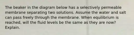 The beaker in the diagram below has a selectively permeable membrane separating two solutions. Assume the water and salt can pass freely through the membrane. When equilibrium is reached, will the fluid levels be the same as they are now? Explain.