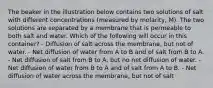 The beaker in the illustration below contains two solutions of salt with different concentrations (measured by molarity, M). The two solutions are separated by a membrane that is permeable to both salt and water. Which of the following will occur in this container? - Diffusion of salt across the membrane, but not of water. - Net diffusion of water from A to B and of salt from B to A. - Net diffusion of salt from B to A, but no net diffusion of water. - Net diffusion of water from B to A and of salt from A to B. - Net diffusion of water across the membrane, but not of salt