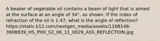 A beaker of vegetable oil contains a beam of light that is aimed at the surface at an angle of 34°, as shown. If the index of refraction of the oil is 1.47, what is the angle of reflection? https://static.k12.com/nextgen_media/assets/1108146-3908839_HS_PHX_S2_06_11_0029_ASS_REFLECTION.jpg