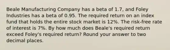 Beale Manufacturing Company has a beta of 1.7, and Foley Industries has a beta of 0.95. The required return on an index fund that holds the entire stock market is 12%. The risk-free rate of interest is 7%. By how much does Beale's required return exceed Foley's required return? Round your answer to two decimal places.