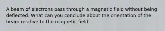 A beam of electrons pass through a magnetic field without being deflected. What can you conclude about the orientation of the beam relative to the magnetic field