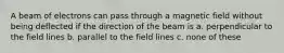 A beam of electrons can pass through a magnetic field without being deflected if the direction of the beam is a. perpendicular to the field lines b. parallel to the field lines c. none of these