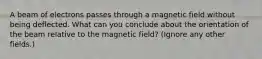 A beam of electrons passes through a magnetic field without being deflected. What can you conclude about the orientation of the beam relative to the magnetic field? (Ignore any other fields.)