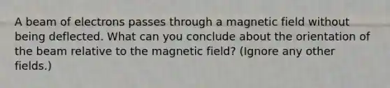 A beam of electrons passes through a magnetic field without being deflected. What can you conclude about the orientation of the beam relative to the magnetic field? (Ignore any other fields.)