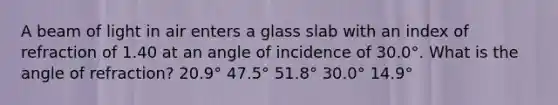 A beam of light in air enters a glass slab with an index of refraction of 1.40 at an angle of incidence of 30.0°. What is the angle of refraction? 20.9° 47.5° 51.8° 30.0° 14.9°