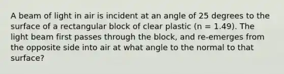 A beam of light in air is incident at an angle of 25 degrees to the surface of a rectangular block of clear plastic (n = 1.49). The light beam first passes through the block, and re-emerges from the opposite side into air at what angle to the normal to that surface?