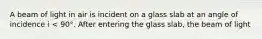 A beam of light in air is incident on a glass slab at an angle of incidence i < 90°. After entering the glass slab, the beam of light