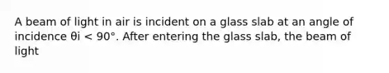 A beam of light in air is incident on a glass slab at an angle of incidence θi < 90°. After entering the glass slab, the beam of light