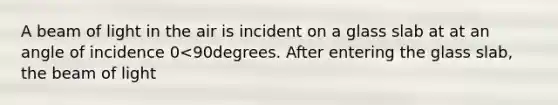 A beam of light in the air is incident on a glass slab at at an angle of incidence 0<90degrees. After entering the glass slab, the beam of light