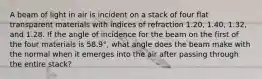 A beam of light in air is incident on a stack of four flat transparent materials with indices of refraction 1.20, 1.40, 1.32, and 1.28. If the angle of incidence for the beam on the first of the four materials is 58.9°, what angle does the beam make with the normal when it emerges into the air after passing through the entire stack?