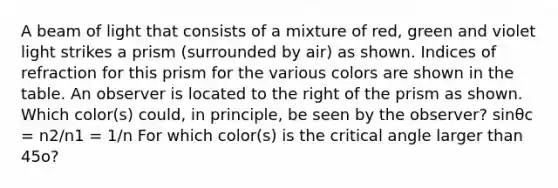 A beam of light that consists of a mixture of red, green and violet light strikes a prism (surrounded by air) as shown. Indices of refraction for this prism for the various colors are shown in the table. An observer is located to the right of the prism as shown. Which color(s) could, in principle, be seen by the observer? sinθc = n2/n1 = 1/n For which color(s) is the critical angle larger than 45o?