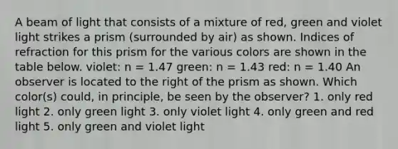 A beam of light that consists of a mixture of red, green and violet light strikes a prism (surrounded by air) as shown. Indices of refraction for this prism for the various colors are shown in the table below. violet: n = 1.47 green: n = 1.43 red: n = 1.40 An observer is located to the right of the prism as shown. Which color(s) could, in principle, be seen by the observer? 1. only red light 2. only green light 3. only violet light 4. only green and red light 5. only green and violet light