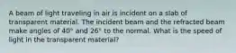 A beam of light traveling in air is incident on a slab of transparent material. The incident beam and the refracted beam make angles of 40° and 26° to the normal. What is the speed of light in the transparent material?