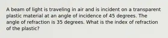 A beam of light is traveling in air and is incident on a transparent plastic material at an angle of incidence of 45 degrees. The angle of refraction is 35 degrees. What is the index of refraction of the plastic?