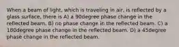 When a beam of light, which is traveling in air, is reflected by a glass surface, there is A) a 90degree phase change in the reflected beam. B) no phase change in the reflected beam. C) a 180degree phase change in the reflected beam. D) a 45degree phase change in the reflected beam.