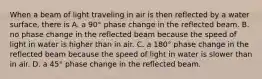 When a beam of light traveling in air is then reflected by a water surface, there is A. a 90° phase change in the reflected beam. B. no phase change in the reflected beam because the speed of light in water is higher than in air. C. a 180° phase change in the reflected beam because the speed of light in water is slower than in air. D. a 45° phase change in the reflected beam.