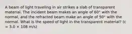 A beam of light traveling in air strikes a slab of transparent material. The incident beam makes an angle of 60° with the normal, and the refracted beam make an angle of 50° with the normal. What is the speed of light in the transparent material? (c = 3.0 × 108 m/s)