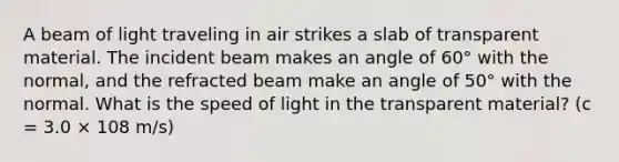 A beam of light traveling in air strikes a slab of transparent material. The incident beam makes an angle of 60° with the normal, and the refracted beam make an angle of 50° with the normal. What is the speed of light in the transparent material? (c = 3.0 × 108 m/s)