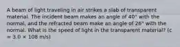 A beam of light traveling in air strikes a slab of transparent material. The incident beam makes an angle of 40° with the normal, and the refracted beam make an angle of 26° with the normal. What is the speed of light in the transparent material? (c = 3.0 × 108 m/s)