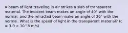 A beam of light traveling in air strikes a slab of transparent material. The incident beam makes an angle of 40° with the normal, and the refracted beam make an angle of 26° with the normal. What is the speed of light in the transparent material? (c = 3.0 × 10^8 m/s)