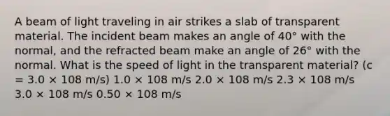 A beam of light traveling in air strikes a slab of transparent material. The incident beam makes an angle of 40° with the normal, and the refracted beam make an angle of 26° with the normal. What is the speed of light in the transparent material? (c = 3.0 × 108 m/s) 1.0 × 108 m/s 2.0 × 108 m/s 2.3 × 108 m/s 3.0 × 108 m/s 0.50 × 108 m/s