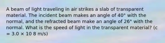 A beam of light traveling in air strikes a slab of transparent material. The incident beam makes an angle of 40° with the normal, and the refracted beam make an angle of 26° with the normal. What is the speed of light in the transparent material? (c = 3.0 × 10 8 m/s)