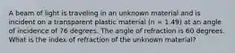 A beam of light is traveling in an unknown material and is incident on a transparent plastic material (n = 1.49) at an angle of incidence of 76 degrees. The angle of refraction is 60 degrees. What is the index of refraction of the unknown material?