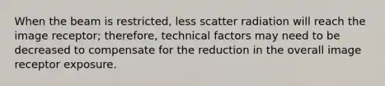 When the beam is restricted, less scatter radiation will reach the image receptor; therefore, technical factors may need to be decreased to compensate for the reduction in the overall image receptor exposure.