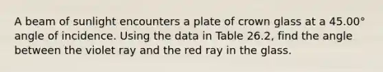 A beam of sunlight encounters a plate of crown glass at a 45.00° angle of incidence. Using the data in Table 26.2, find the angle between the violet ray and the red ray in the glass.