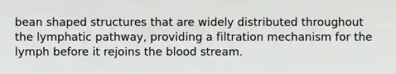 bean shaped structures that are widely distributed throughout the lymphatic pathway, providing a filtration mechanism for the lymph before it rejoins the blood stream.