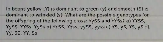 In beans yellow (Y) is dominant to green (y) and smooth (S) is dominant to wrinkled (s). What are the possible genotypes for the offspring of the following cross: YySS and YYSs? a) YYSS, YySS, YYSs, YySs b) YYSS, YYss, yySS, yyss c) YS, yS, YS, yS d) Yy, SS, YY, Ss