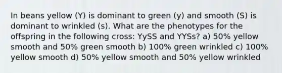 In beans yellow (Y) is dominant to green (y) and smooth (S) is dominant to wrinkled (s). What are the phenotypes for the offspring in the following cross: YySS and YYSs? a) 50% yellow smooth and 50% green smooth b) 100% green wrinkled c) 100% yellow smooth d) 50% yellow smooth and 50% yellow wrinkled