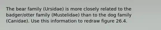 The bear family (Ursidae) is more closely related to the badger/otter family (Mustelidae) than to the dog family (Canidae). Use this information to redraw figure 26.4.