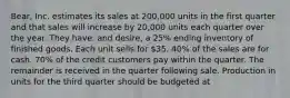 Bear, Inc. estimates its sales at 200,000 units in the first quarter and that sales will increase by 20,000 units each quarter over the year. They have, and desire, a 25% ending inventory of finished goods. Each unit sells for 35. 40% of the sales are for cash. 70% of the credit customers pay within the quarter. The remainder is received in the quarter following sale. Production in units for the third quarter should be budgeted at