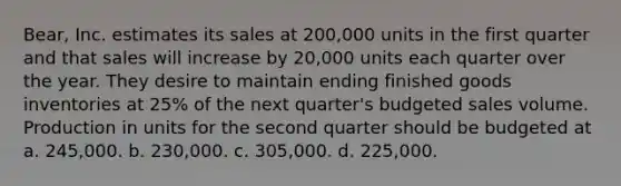 Bear, Inc. estimates its sales at 200,000 units in the first quarter and that sales will increase by 20,000 units each quarter over the year. They desire to maintain ending finished goods inventories at 25% of the next quarter's budgeted sales volume. Production in units for the second quarter should be budgeted at a. 245,000. b. 230,000. c. 305,000. d. 225,000.