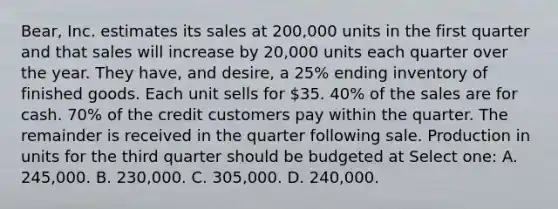 Bear, Inc. estimates its sales at 200,000 units in the first quarter and that sales will increase by 20,000 units each quarter over the year. They have, and desire, a 25% ending inventory of finished goods. Each unit sells for 35. 40% of the sales are for cash. 70% of the credit customers pay within the quarter. The remainder is received in the quarter following sale. Production in units for the third quarter should be budgeted at Select one: A. 245,000. B. 230,000. C. 305,000. D. 240,000.